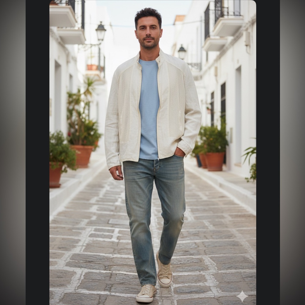 TORRAS LASER CUT LEATHER TRIM BEIGE LINEN MEN'S JACKET 42
